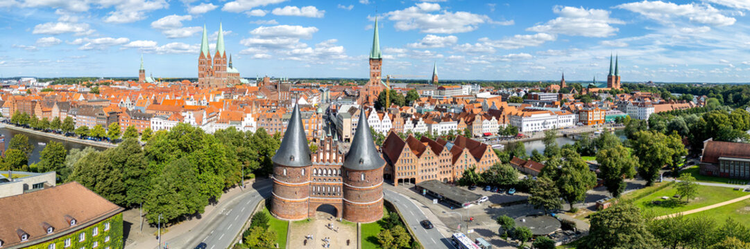 Holsten Gate Holstentor aerial view photo panorama Hanseatic city of L&uuml;beck in Germany