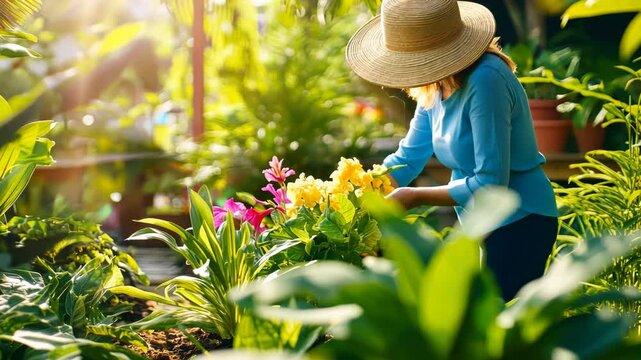 Sunlit Garden Serenity: A woman in a straw hat tends to a vibrant flower bed, bathed in the golden light of a summer afternoon.  Her peaceful demeanor captures the essence of gardening.