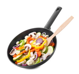Frying pan with mix of vegetables and mushrooms in air isolated on white