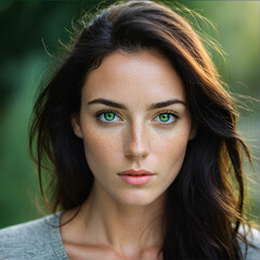 A captivating portrait of a woman with vibrant green eyes, expressive freckles, and unruly dark hair that adds an enigmatic and soulful touch to her presence.