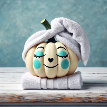 Pumpkin with facial mask and towel on wooden background, copy space