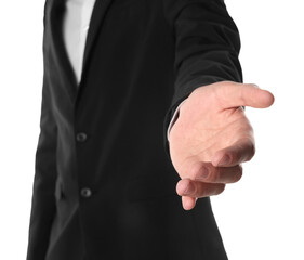 Offering help. Man reaching his hand on white background, closeup