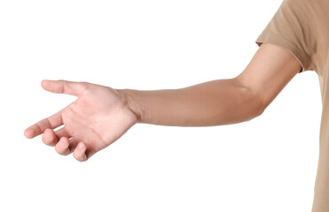 Offering help. Man reaching his hand on white background, closeup