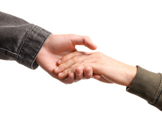 Help and support. People holding hands on white background, closeup