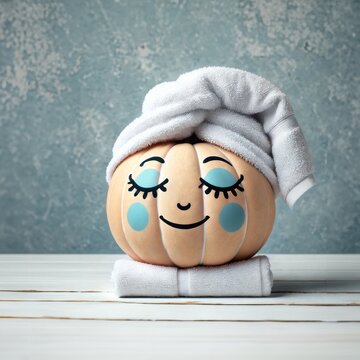 Pumpkin with facial mask and towel on wooden background, copy space