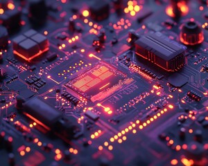 Futuristic Digital Architecture with Glowing Neon Circuits and Data Visualizations