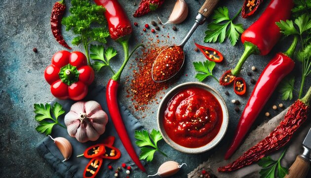 Composition with chilli pepper, powder spice, garlic and sauce on gray background