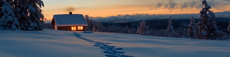 A cabin with glowing windows is nestled in a snowy landscape at dusk, surrounded by snow-covered...