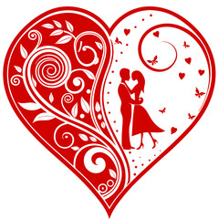 Valentine's Day in the shape of a heart, on one half there are patterns, on the second the guy and the girl are hugging