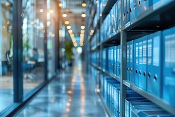 Rows of blue office files in modern office setting.