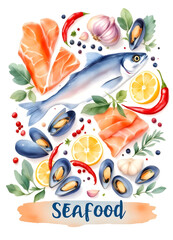 varios mariscos, cartel de acuarela