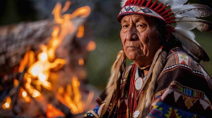 Fototapeta premium Native American elder in traditional attire sitting by a campfire at night, reflecting cultural heritage and spiritual connection
