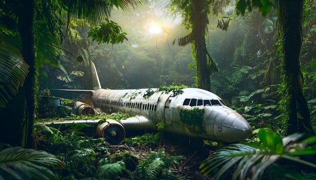 Abandoned airplane crash site hidden in a dense tropical jungle with overgrown foliage, perfect for adventure movie posters or mystery visuals