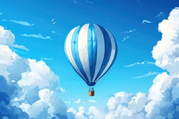 Fototapeta premium Blue and white hot air balloon soaring through clear skies