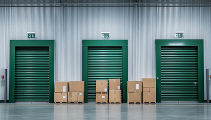 boxes outside of self storage units with green doors