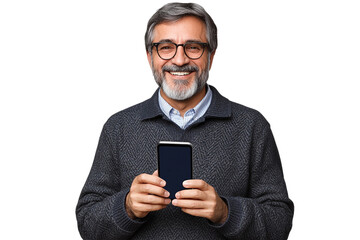 Portrait of a happy man using mobile phone isolated over PNG transparent and isolated background

