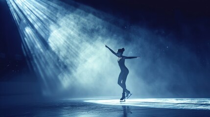 Graceful figure skater performing under a spotlight on an ice rink, surrounded by dramatic blue lighting and mist