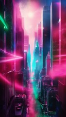 Fototapeta premium Abstract, futuristic city of concrete and neon. Night city view, illumination. Dark street, abstract scene, neon rays