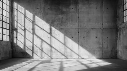 Fototapeta premium Minimalist industrial interior with concrete walls and geometric shadows from large windows