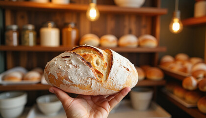 Hand holding freshly baked artisan bread in bakery
