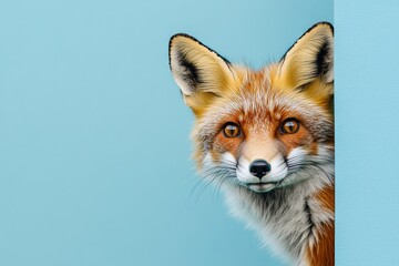 Obraz premium a cautious fox peeks out from around the corner of a blue background with copy space. Close-up.