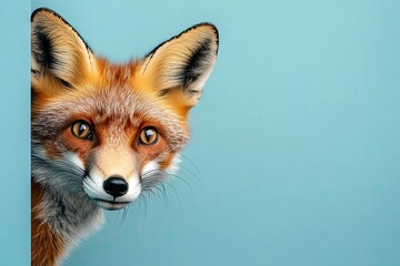 Obraz premium a cautious fox peeks out from around the corner of a blue background with copy space. Close-up.