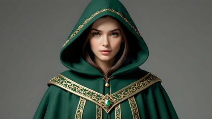 Mysterious woman in an emerald green hooded cloak with gold detailing.  A captivating portrait against a neutral background.