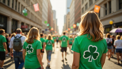 Crowd celebrating St. Patrick's Day in green shirts