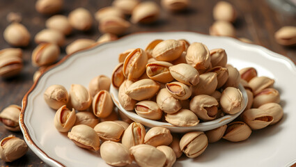 Partly peeling pistachio nuts on saucer against the empty shells