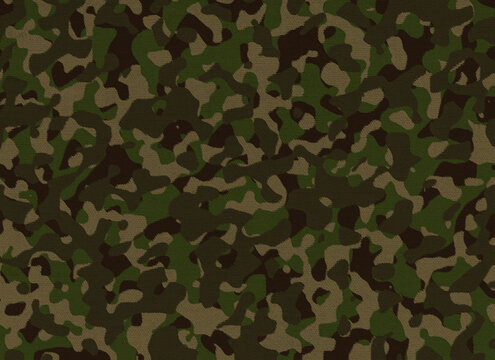 Close-up of brown and green camouflage pattern on a textile fabric. Abstract high resolution full frame textured background. Copy space. - Powered by Adobe