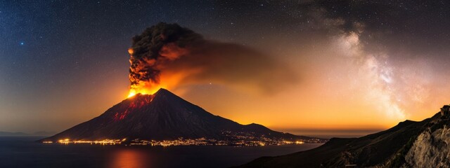 A dramatic capture of the erupting Stromboli volcano under a starry sky on the Aeolian Islands, Italy, Stromboli volcano eruption scene
