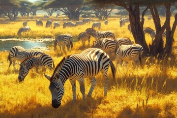 Fototapeta premium Zebras graze in golden grasslands, their stripes contrasting with the warm air and acacia trees