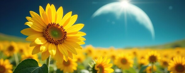 Obraz premium Yellow sunflower in full bloom with bright petals shining under the light against a soft blue planetary backdrop, petals, landscape