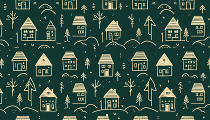 Seamless Vector Pattern of Doodle Houses and Hills