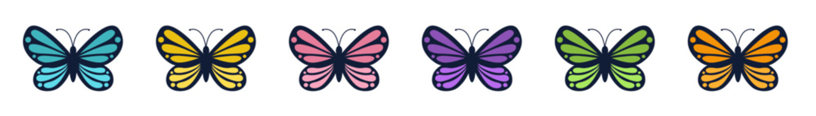 Butterfly icon set line. Flying insect silhouette. Colorful and black beautiful pattern wings. Cute cartoon kawaii funny character. Childish style. Flat design. Isolated. White background. Vector