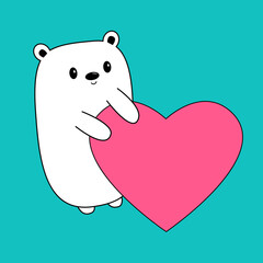 White bear holding pink heart. Happy Valentines Day. Kawaii face. Cute cartoon funny character. Line hand drawn doodle contour animal. Love card. Childish style. Flat design. Blue background. Vector