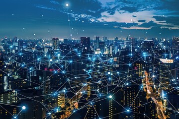 Night cityscape with glowing network connections.