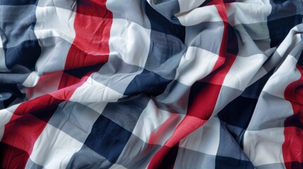 Wrinkled fabric with a red, white, and blue checkered pattern. Soft textile texture, perfect for backgrounds or design materials.