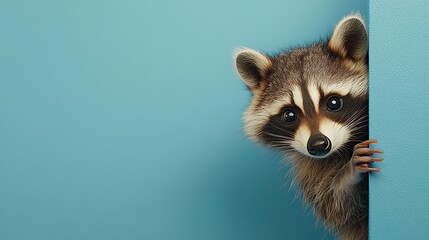 Fototapeta premium a raccoon cautiously peeks out from around the corner of a blue background with copy space. Close-up.
