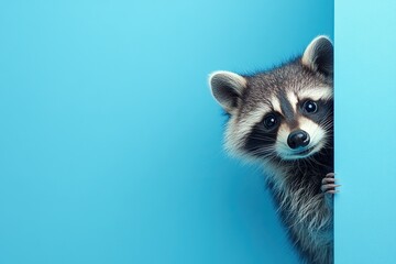 Obraz premium a raccoon cautiously peeks out from around the corner of a blue background with copy space. Close-up.