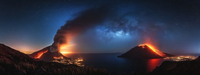 A dramatic capture of the erupting Stromboli volcano under a starry sky on the Aeolian Islands, Italy, Stromboli volcano eruption scene