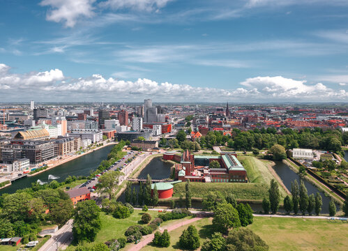Aerial summer skyline cityscape of Central Malm&ouml;, Scania, Sweden. Panoramic view of the city with Kungsparken with Malm&ouml;hus Slott in the foreground.