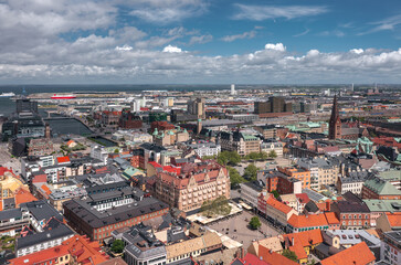 Aerial summer skyline cityscape of Central Malmö, Sweden. Lilla Torg is in the foreground.