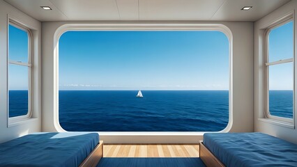 Fototapeta premium Serene ocean view from a yacht cabin with twin beds. Perfect for travel, luxury, relaxation, and vacation themes.