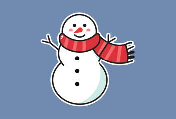 Cute cartoon snowman vector icon on a snowy winter day with a festive scarf and hat surrounded by snowflakes and holiday cheer