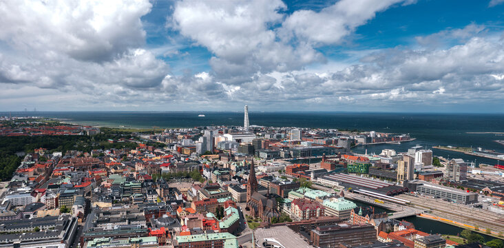 Summer skyline cityscape of Central Malm&ouml;, Scania, Sweden. Wide panoramic view of all city landmarks