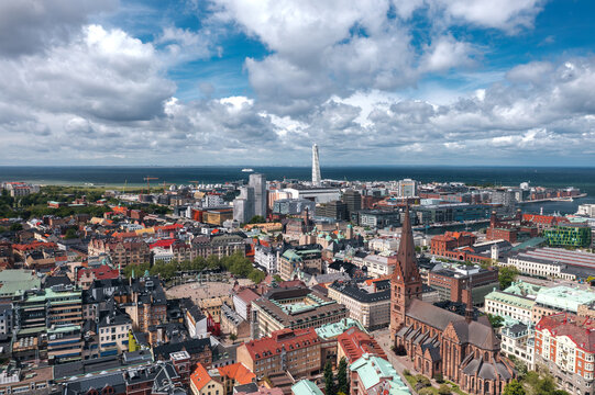 Skyline cityscape of Central Malm&ouml;, Sweden. Panoramic view on a summer day