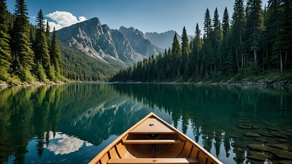 Serene mountain lake reflection in wooden rowboat. Escape to nature, tranquility, peace.