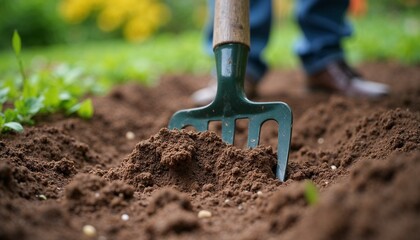Garden fork breaking up the soil for planting in a vibrant garden