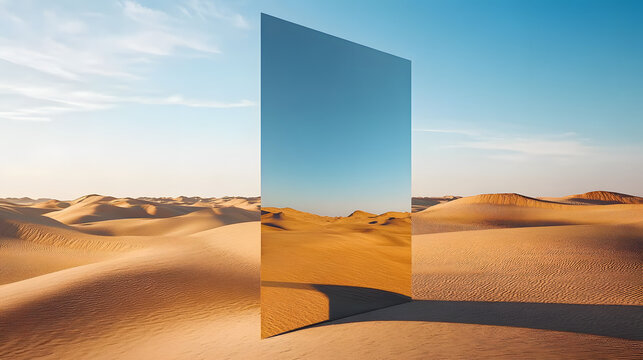 Surreal mirrored structure standing in a desert with golden dunes under a bright sky, blending nature with modern abstract art.